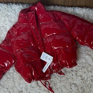 BRAND NEW vinyl effect crop red puff jacket